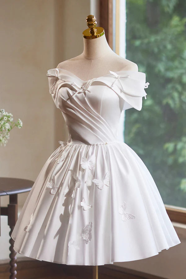 Wholesale White Satin Knee Length Party Dress Off the Shoulder A-Line Evening Dress